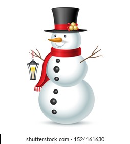 Snowman with hat and lantern isolated on white background. Vector illustration