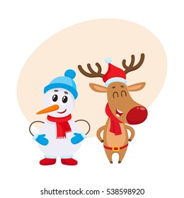 Snowman in hat and mittens and Christmas reindeer in red scarf standing together, cartoon vector illustration with background for text. Deer and snowman, Christmas attributes, decoration elements