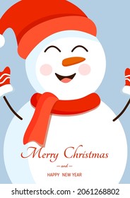 Snowman in a hat, mittens for postcards, posters, banners. Vector illustration of Merry Christmas and New Year