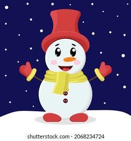 Snowman in hat and mittens rejoices in the snow