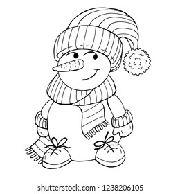 Snowman in a hat, mittens, shoes and a scarf. Vector character hand drawing. Cheerful snowman for coloring.