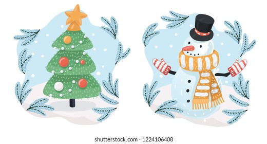 Snowman with hat on the head and with scarf and mittens. Christmas tree with golden star on the top. Snowfall. Vector cartoon illustration of Happy New Year in modern concept