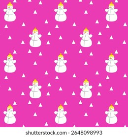 Boneco de neve com chapéu na cabeça. Natal fundo sem costura com um boneco de neve complementado por triângulos brancos. Padrão de repetição. Fundo de Natal. Homem de neve branco em um fundo roxo.