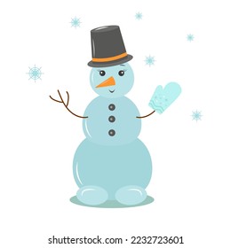 a snowman in a hat and one mitten