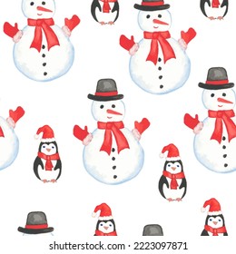 Snowman in hat, penguin in red scarf and Santa hat vector seamless pattern Christmas design.