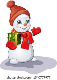 Snowman in a hat and a red scarf with a gift box in his hand. Vector illustration for postcard. The snow man on Christmas day. Merry Christmas and Happy new year