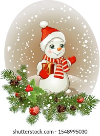 Snowman in a hat and a red scarf with a gift box in his hand, holly and spruce tree. Isolated  vector illustration for postcard. The snow man on Christmas day, Merry Christmas and Happy new year