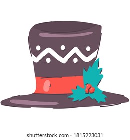 Snowman hat with ribbon, holly berry and ornament vector cartoon illustration isolated on a white background.