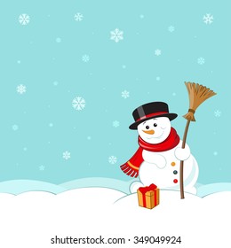 Snowman with hat, scarf and broom on winter landscape background. Christmas greeting card, postcard, poster design. Vector illustration