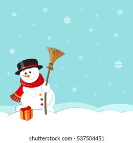 Snowman with hat, scarf and broom on winter landscape background. Christmas greeting card, postcard, poster design. Vector illustration