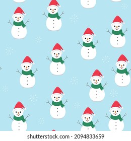 Snowman in a hat, scarf and buttons. Seamless pattern