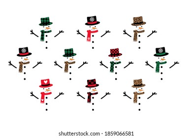 Snowman with hat, scarf, carrot and face. No bodies. Vector drawing set isolated on white in funny cartoon style. Great for Christmas cards.