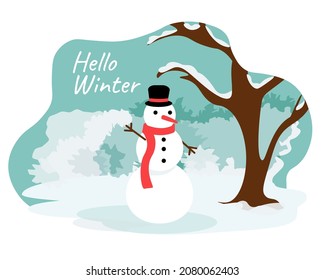 A snowman in a hat and a scarf, with a carrot nose, stands in the park and waves with a twig. Wish you a happy winter. A lot of snow, trees, bushes, winter landscape. Text Hello Winter. Vector