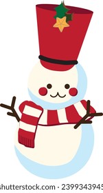 Snowman with hat an scarf. Christmas icon. Vector. Holiday winter symbols isolated on white background in flat design. Cartoon colorful illustration.