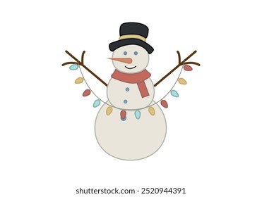 Snowman with hat, scarf and Christmas lights