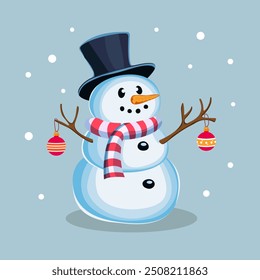 Snowman in a hat and scarf with Christmas toys on the branches Character and symbol of winter, Christmas and New Year Vector illustration on an isolated background