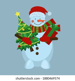 A snowman in a hat and scarf with a Christmas tree in his hands and a gift. A symbol of winter, Christmas and new year. Postcard, banner or notebook cover, icon or magnet.