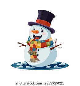 Snowman with hat and scarf. Cute cartoon character, christmas and new year snowman. For postcards, posters and invitations. Vector illustration.