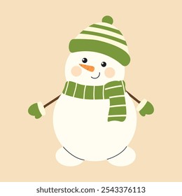 Snowman in a hat and scarf. Cute snowman. Christmas children's card. Winter cartoon character. New Year vector illustration, flat style.