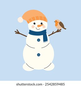 Snowman in a hat and scarf. Cute snowman holding a bird. Christmas kids postcard. Winter cartoon character. New Year vector illustration, flat style.