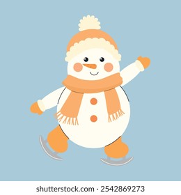 Snowman in a hat and scarf. Cute snowman ice skating. Christmas children's card. Winter cartoon character. New Year vector illustration, flat style.