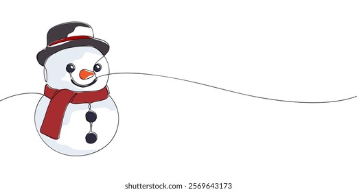 Snowman with hat and scarf drawn in continuous one-line style on white background. Minimalistic line art illustration for design and print in color. Winter holidays and Christmas concept.