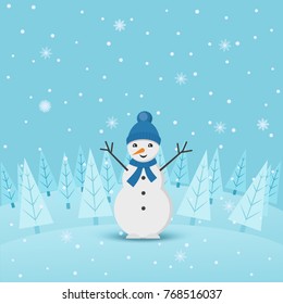 A snowman in a hat and scarf in a forest glade, against a background of trees. Design for a Christmas card, banner, poster. New Year. Vector illustration.