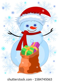 Snowman in hat, scarf and gift bag, snowflakes vector