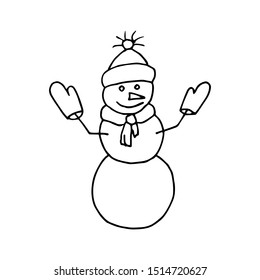 Snowman with a hat, a scarf and gloves. Black outline on white background. Picture can be used in christmas and new year greeting cards, posters, flyers, banners, logo etc. Vector illustration. EPS10