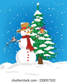 Snowman with hat and scarf holding gift and little bird with Christmas hat perching on snowman arm and gift on its beak. On background fir tree covered with snow and blue winter sky with falling snow.