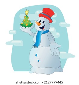 A snowman in a hat and scarf holds a Christmas tree. Vector image on a blue background.