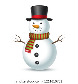 Snowman with hat and scarf isolated on white background. Vector illustration