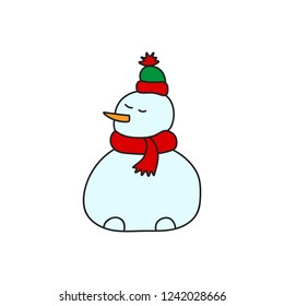 Snowman with hat and scarf isolated on white background. Vector illustration.