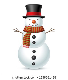 Snowman with hat and scarf isolated on white background. Vector illustration