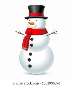 Snowman with hat and scarf isolated on white background. Vector illustration.