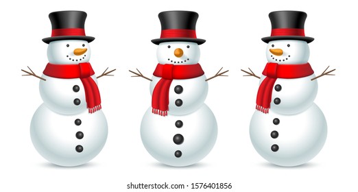 Snowman with hat and scarf isolated on white background. Set of snowman in three angles. Vector illustration