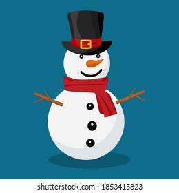 Snowman with hat and scarf isolated on blue background. Vector illustration