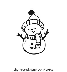 Snowman with hat and scarf isolated on white background.Vector illustration in doodle style