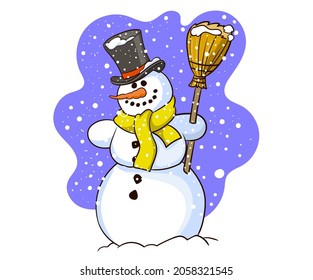 Snowman with hat and scarf isolated on white background. Vector illustration.