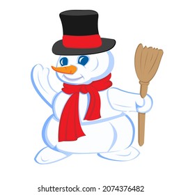 Hombre de nieve con sombrero y bufanda aislado de fondo blanco. Recurso gráfico sobre invierno y navidad para contenido , banner, etiqueta de emoticones y tarjeta de saludo. Ilustración del vector