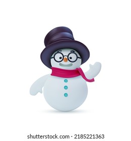 Snowman with hat and scarf isolated on white background. Realistic vector 3d Christmas snowman decorations. New Year illustration.