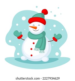 Snowman with hat and scarf isolated on white background. Vector illustration
