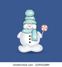 Snowman with hat, scarf and lollipop on dark blue background. Holiday 3D design. Vector illustration.