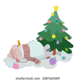 Snowman in a hat, scarf and mittens lies.