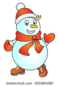 Snowman In Hat, Scarf and Mittens - vector full color winter picture for cards or banners. Snowman in boots waves his hand. A cheerful children's picture with a snowy character.