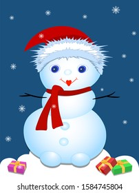 Snowman in a hat, scarf. New year gift. Blue with snowflakes. Vector