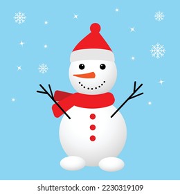 Snowman with hat and scarf on blue background. Vector illustration