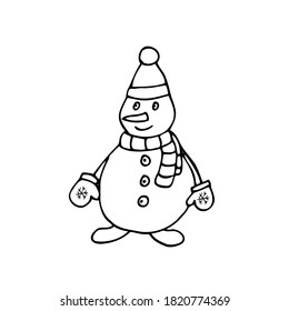 Snowman, hat and scarf on it. Vector. Christmas element. Hand drawing. Black lines on a white background. Holiday symbol.