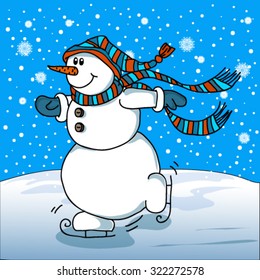 Snowman in hat and scarf on skates.