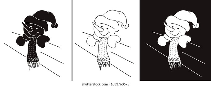 Ein Schneemann in einem Hut und Schal guckt hinter dem Zaun hervor. Drei Varianten eines Schneemanns - ein Umriss, ein weißes Objekt auf schwarzem Hintergrund und ein schwarzes Objekt auf weißem Hintergrund.
